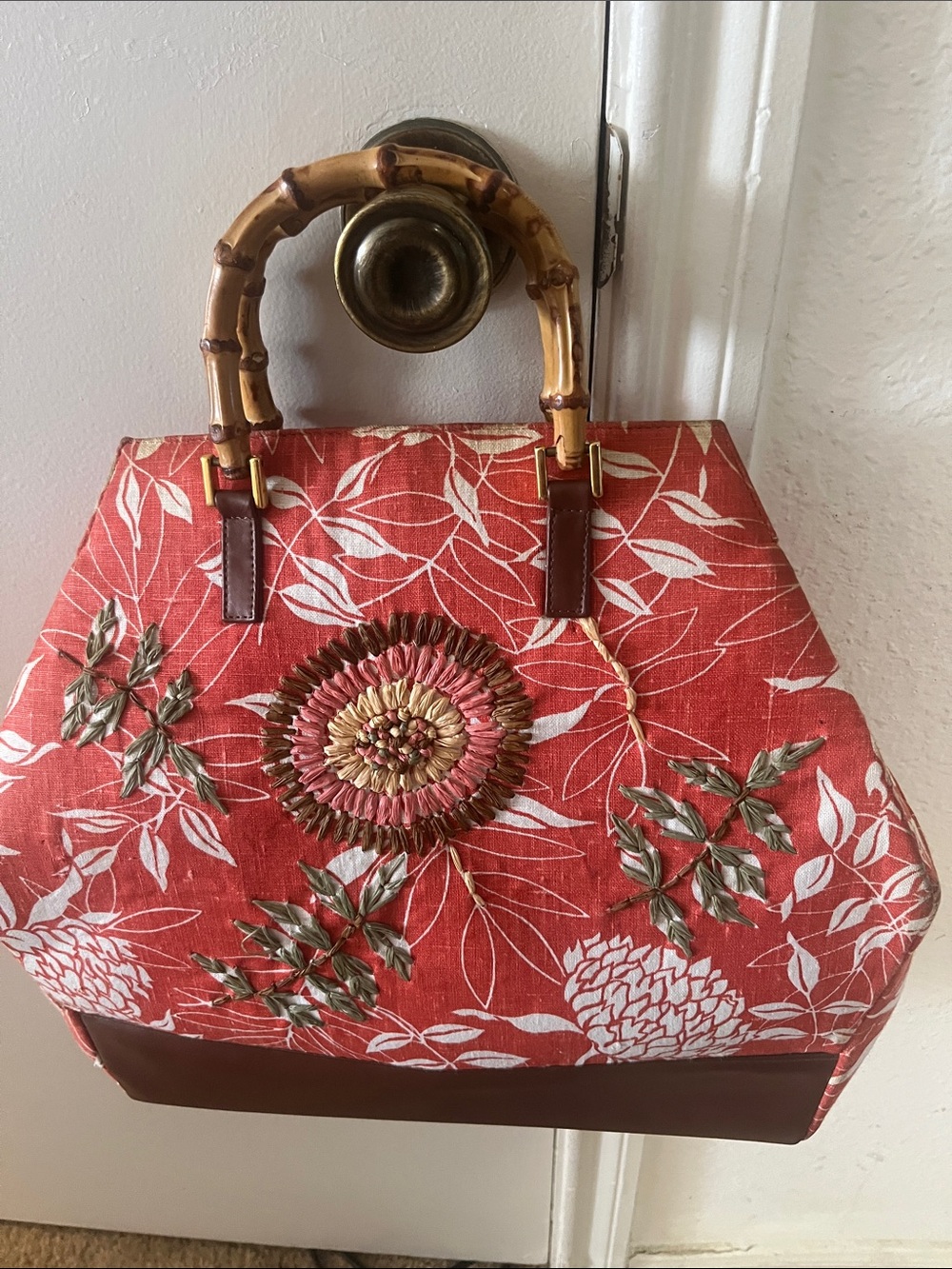 Embroidered Red Floral Tote with Bamboo Handles